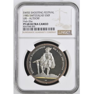 Schweiz - Uri - 50 Franken 1985, Schützentaler - Altdorf - NGC PF 68 ULTRA CAMEO - Switzerland, 5 Francs Swiss Shooting Thaler