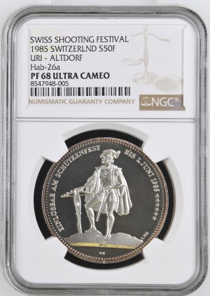 Switzerland - Uri - 50 Francs 1985, Shooting Thaler - Altdorf - NGC PF 68 ULTRA CAMEO - Switzerland, 5 Francs Swiss Shooting Thaler