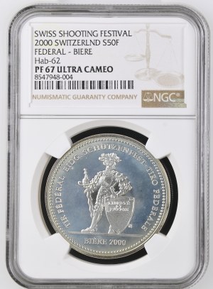 Switzerland - Vaud - 50 Francs 2000, Shooting Thaler - Bière, Federal Shooting Festival - NGC PF 67 ULTRA CAMEO - Switzerland, 5 Francs Swiss Shooting Thaler