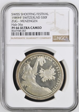 Switzerland - Zug - 50 Francs 1989, Shooting Thaler - Menzingen, 16 Zug Cantonal Shooting Festival - NGC PF 66 ULTRA CAMEO - Switzerland, 5 Francs Swiss Shooting Thaler
