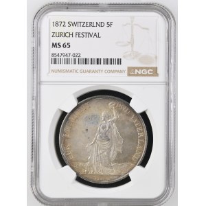 Schweiz - Zürich - 5 Franken 1872, Schützentaler - Zürich, Eidgenössisches Schützenfest - NGC MS 65 - Switzerland, 5 Francs Swiss Shooting Thaler