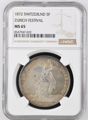Switzerland - Zurich - 5 Francs 1872, Shooting Thaler - Zurich, Federal Shooting Festival - NGC MS 65 - Switzerland, 5 Francs Swiss Shooting Thaler