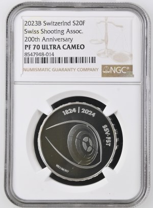 Switzerland - Silver coin 20 Francs 2023 - 200 years Swiss Shooting Sports Federation, 1824-2024 SSV-FST - NGC PF 70 ULTRA CAMEO - Switzerland, 20 Francs