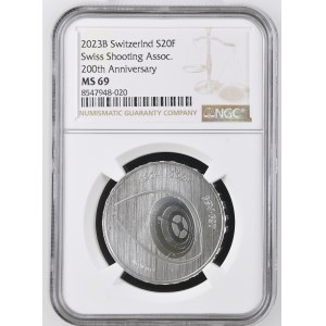 Schweiz - Silbermünze 20 Franken 2023, Schützentaler - 200 Jahre Schweizer Schiesssportverband, 1824-2024 SSV-FST - NGC MS 69 - Switzerland, 20 Francs
