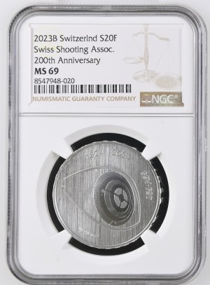 Switzerland - Silver coin 20 Francs 2023, Schützentaler - 200 years Swiss Shooting Sports Association, 1824-2024 SSV-FST - NGC MS 69 - Switzerland, 20 Francs