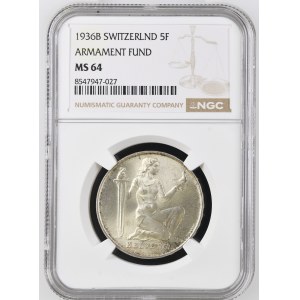 Schweiz - Silbermünze 5 Franken 1936 - Wehranleihe, Pro Patria Armis Tuenda - NGC MS 64 - Switzerland, 5 Francs