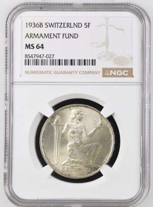Switzerland - Silver coin 5 Francs 1936 - Defense bond, Pro Patria Armis Tuenda - NGC MS 64 - Switzerland, 5 Francs