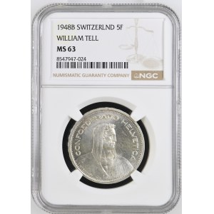 Schweiz - Silbermünze 5 Franken 1948 - NGC MS 63 - Switzerland, 5 Francs