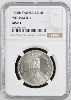 Switzerland - Silver coin 5 Francs 1948 - NGC MS 63 - Switzerland, 5 Francs