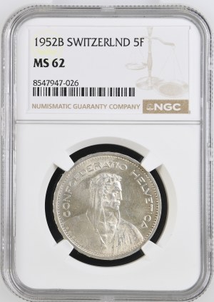 Switzerland - Silver coin 5 Francs 1952 - NGC MS 62 - Switzerland, 5 Francs
