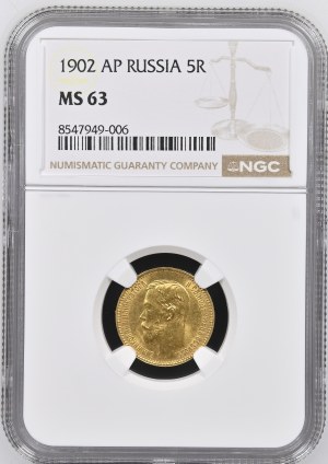 Russia / Russian Empire - Gold coin 5 roubles 1902 AP - St. Petersburg, Tsar Nicholas II (1894-1917) - NGC MS 63 - Russia, 5 roubles