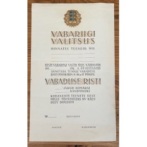 Estonie Diplôme de la Croix de la Liberté estonienne pour le mérite civil. Délivré avant 1940.