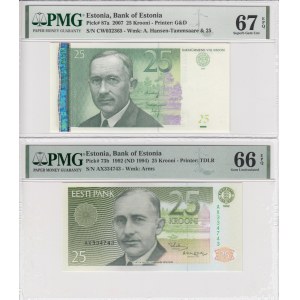 Estónsko 25 korún 1992 (ND 1994) &amp; 2007 - PMG 66 EPQ Gem Uncirculated &amp; 67 EPQ Superb Gem Unc (2)