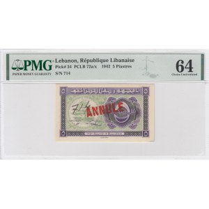Lebanon 5 Piastres 1942 - PMG 64 Choice Uncirculated