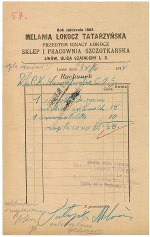 [Lviv, account] Melania Lokocz Tatrzanska - Brush store and workshop, 18.8.1918