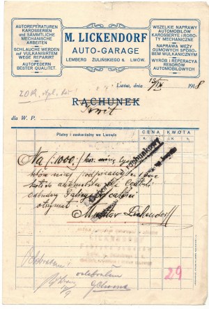 [Lviv, account] M. Lickendorf Auto-Garage, 6 Zulinska St., dated September 13, 1918