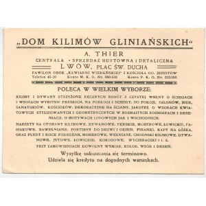 [Lwów, reklama/pocztówka] „Dom Kilimów Gliniańskich” A. Thier, Lwów, Plac Św. Ducha.