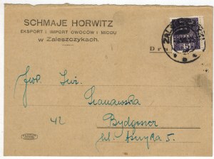 [Zaleszczyki, reklama] Schmaje Horwitz vývoz a dovoz ovocia a medu v Zaleszczykoch