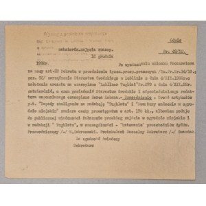 [Areszt dla czasopisma] Lubliner Tugblat Nr 279 z 1932r. [tylko odpis z Sądu Okręgowego]