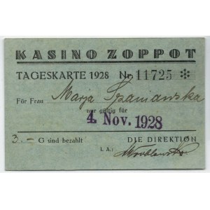 [Sopot] Kasino Zoppot Tageskarte no 11725, 4 listopada 1928. [karta wstępu do kasyna]