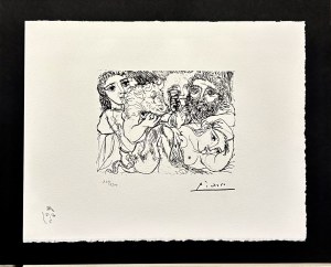 Pablo PICASSO (1881-1973), MARIE-THERESE MARZY O METAMORFOZACH: ONA SAMA I RZEŹBIARZ PIJĄ Z MŁODYM GRECKIM AKTOREM W ROLI MINOTAURA
