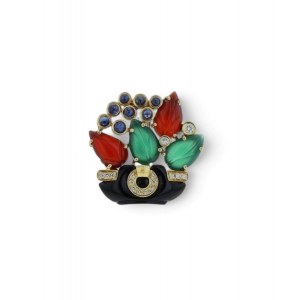 CARTIER Tabriz Collection: Goldbrosche mit Onyx, Saphiren, Diamanten, Chrysopras und Karneol