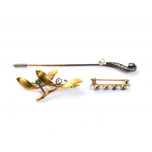 3 diamond pearl emerald sapphire gold silver brooches