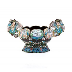 A Russian silver-gilt and cloisonné enamel two-handled bowl
