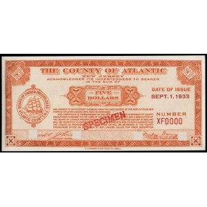 United States of America. Atlantic County Scrip 5 Dollars 1933 Specimen E.A. Wright Bank Note Co.. Phila.