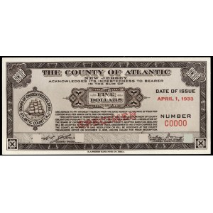 United States of America. Atlantic County Scrip 5 Dollars 1933 Specimen E.A. Wright Bank Note Co. Phila.