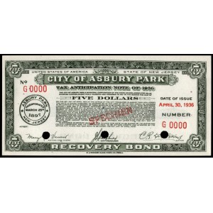 United States of America. Asbury Park Scrip 5 Dollars 1936 Specimen E.A. Wright Bank Note Co.. Phila.