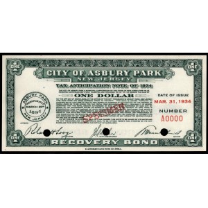 United States of America. Asbury Park Scrip 1 Dollar 1934 Specimen E.A. Wright Bank Note Co.. Phila.