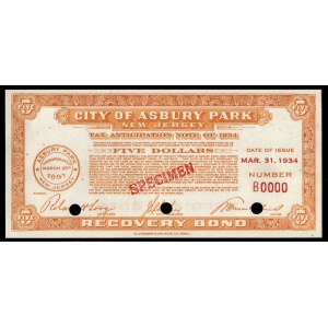 United States of America. Asbury Park Scrip 5 Dollars 1934 Specimen E.A. Wright Bank Note Co.. Phila.