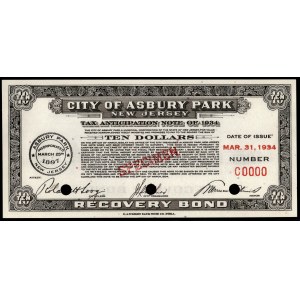 United States of America. Asbury Park Scrip 10 Dollars 1934 Specimen E.A. Wright Bank Note Co.. Phila.