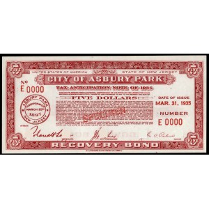 United States of America. Asbury Park Scrip 5 Dollars 1935 Specimen E.A. Wright Bank Note Co.. Phila.