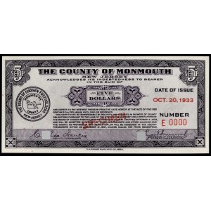 United States of America. Monmouth Scrip 5 Dollars 1933 Specimen E.A. Wright Bank Note Co.. Phila.