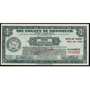 United States of America. Monmouth Scrip 1 Dollar 1934 Specimen E.A. Wright Bank Note Co.. Phila.