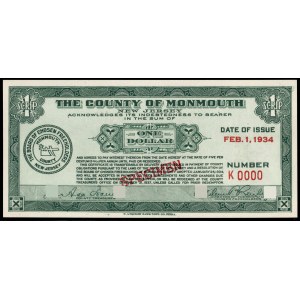 United States of America. Monmouth Scrip 1 Dollar 1934 Specimen E.A. Wright Bank Note Co.. Phila.