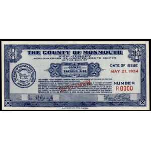 United States of America. Monmouth Scrip 1 Dollar 1934 Specimen E.A. Wright Bank Note Co.. Phila.