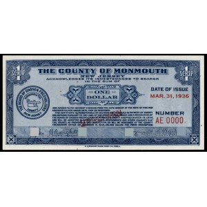 United States of America. Monmouth Scrip 1 Dollar 1936 Specimen E.A. Wright Bank Note Co.. Phila.