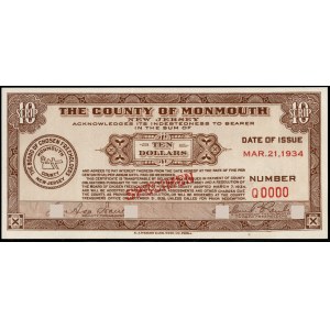 United States of America. Monmouth Scrip 10 Dollars 1934 Specimen E.A. Wright Bank Note Co.. Phila.