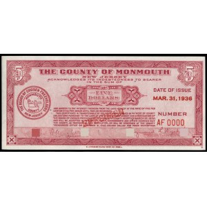 United States of America. Monmouth Scrip 5 Dollars 1936 Specimen E.A. Wright Bank Note Co.. Phila.