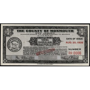 United States of America. Monmouth Scrip 1 Dollar 1935 Specimen E.A. Wright Bank Note Co.. Phila.
