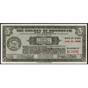 United States of America. Monmouth Scrip 5 Dollars 1936 Specimen E.A. Wright Bank Note Co.. Phila.