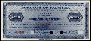 États-Unis d'Amérique. Palmyra Scrip 1 Dollar 1935 Specimen E.A. Wright Bank Note Co. Phila.