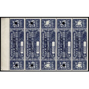 Spojené štáty americké. Delaware Beer Tax 25 Cents Sheet Specimen E.A. Wright Bank Note Co. Phila.