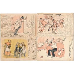 4 db RÉGI (1905 előtti) litho művészlap: részeg humor. Szénásy kiadása / 4 pre-1905 art postcards: drunken humour...