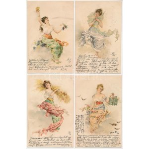 4 db RÉGI (1905 előtti) francia litho művészlap: 4 évszak, teljes sorozat. A. Sockl, Vienne I. Serie III. No. 17-20. ...