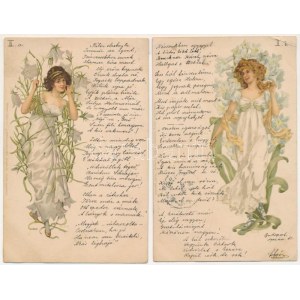 2 db RÉGI (1905 előtti) litho hölgy művészlap / 2 pre-1905 litho lady art postcards. Meissner &amp...