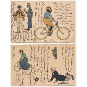 2 db RÉGI (1905 előtti) litho művészlap biciklivel. Rigler J. E. r.t. / 2 pre-1905 bicycle art postcards...